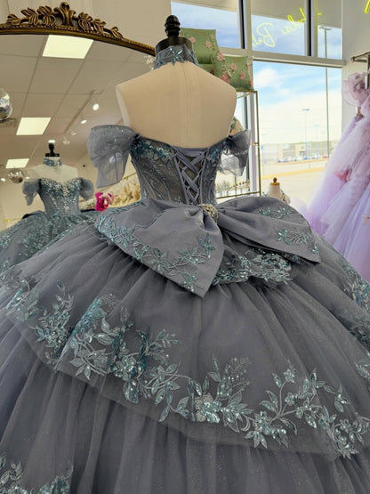 Luxury Ball Gown BLue Quinceanera Dress Tulle Lace Tiered Party Gowns for Sweet 16 HE1281