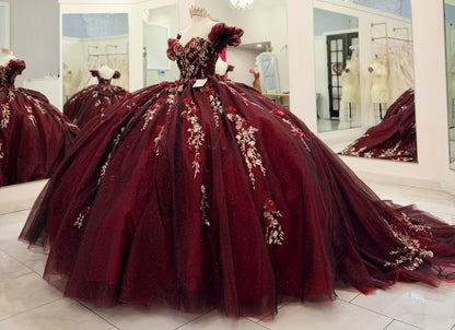 Vestidos de quinceañera con hombros descubiertos, tul princesa, apliques, vestidos de quinceañera HE530