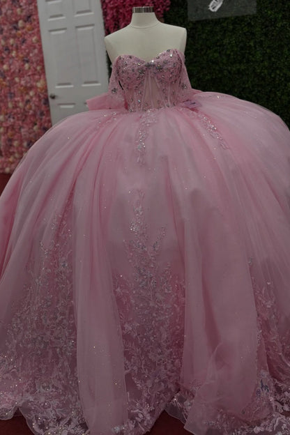Glittery Tulle Lace Appliqued Pink Quinceanera Dresses Sweet 16 Birthday Party Gown HE1394