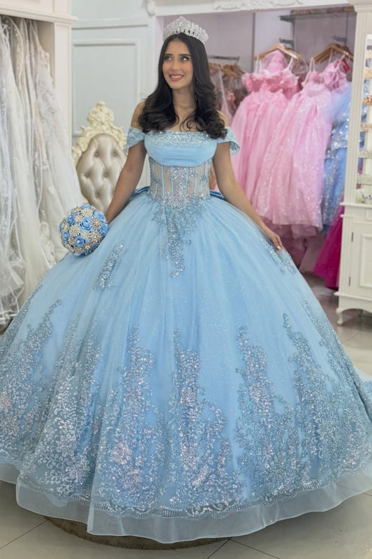 Off Shoulder Tulle Appliqued Blue Quinceanera Dresses Princess Party Gown for Sweet 15 HE1283