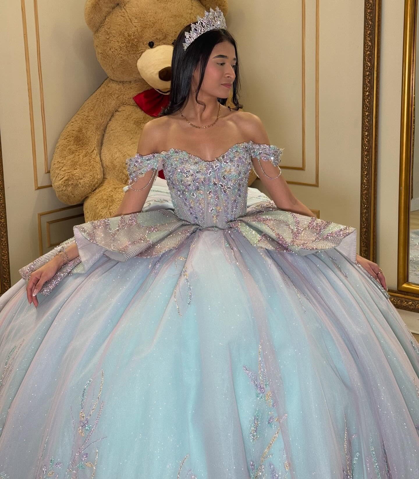 Vestidos de quinceañera con hombros descubiertos, tul princesa, apliques, vestidos de quinceañera HE530