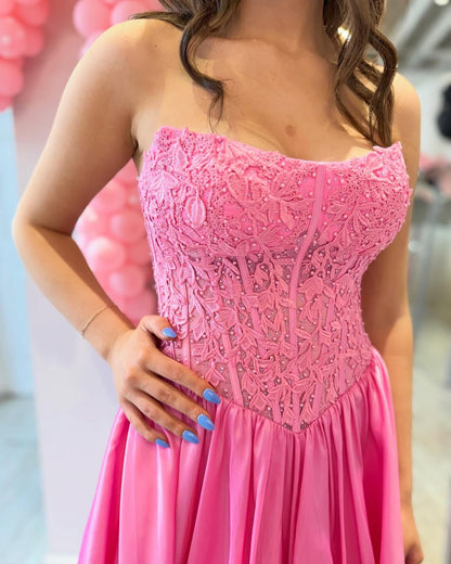 Sweetheart A Line Satin Lace Prom Dresses Long Strapless Evening Party Gown HE1421
