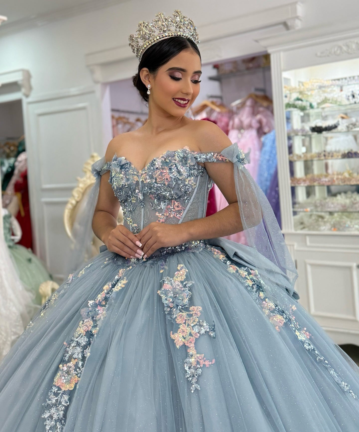 Gorgeous Ball Gown Tulle Ruffled Blue Quinceanera Dresses Off Shoulder Party Gowns HE1231
