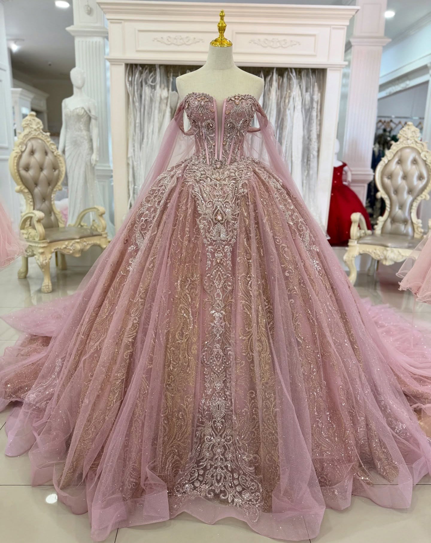 Luxury Lace Crystal Beaded Pink Quinceanera Dresses Off Shoulder Party Dress HE1265