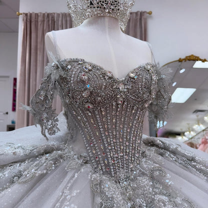 Off Shoulder Crystal Beaded Quinceanera Dresses Princess Corset Sweet 15 Party Gown HE1302