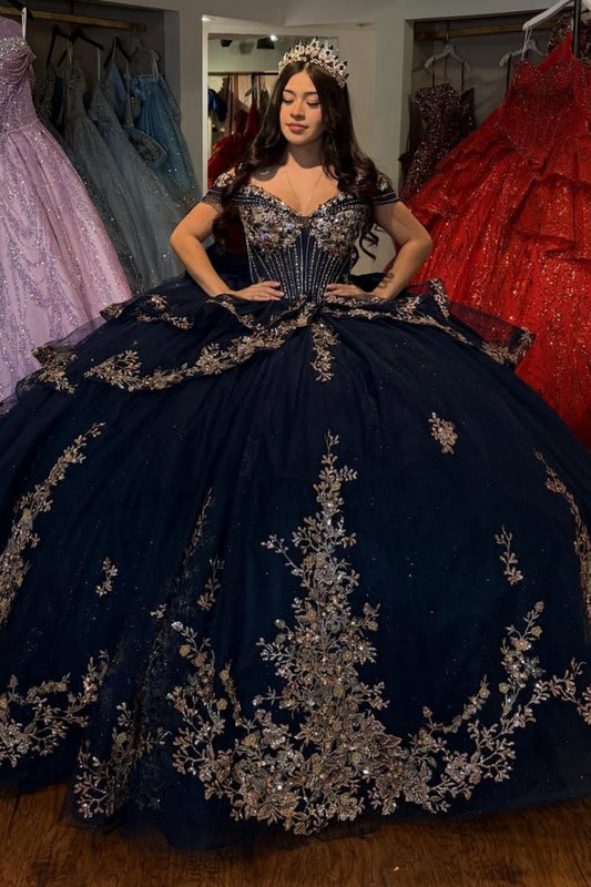Princess Tulle Lace Beaded Quinceanera Dresses Off Shoulder Party Gown for Sweet 16 HE1406