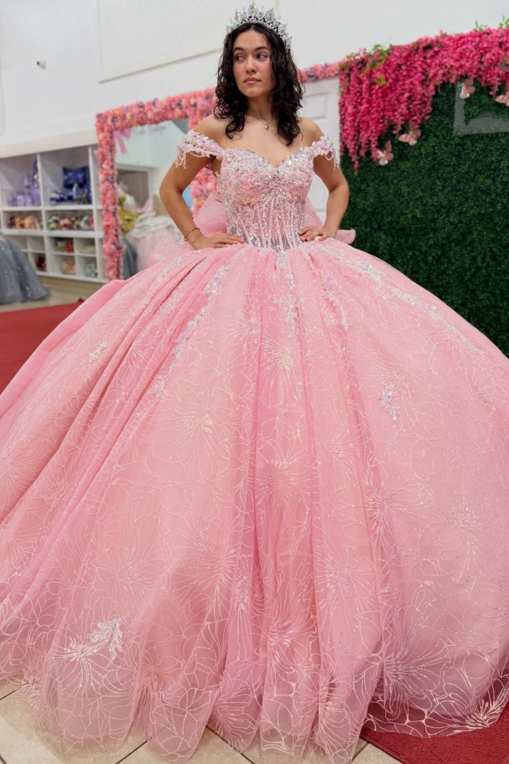 Princess Glittery Tulle Beaded Pink Quinceanera Dresses Sweet 16 Birthday Prom Party Gown HE1414