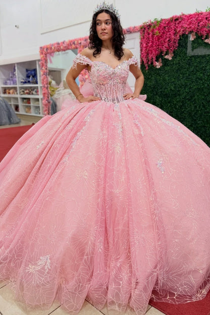 Princess Glittery Tulle Beaded Pink Quinceanera Dresses Sweet 16 Birthday Prom Party Gown HE1414