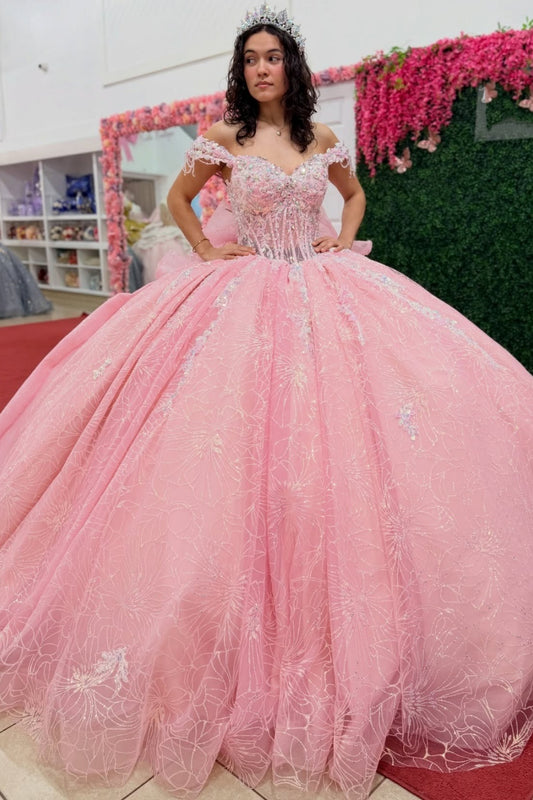 Princess Glittery Tulle Beaded Pink Quinceanera Dresses Sweet 16 Birthday Prom Party Gown HE1414