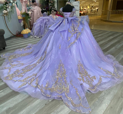 Off Shoulder Lace Beaded Lilac Quinceanera Dresses Corset Party Gowns for Sweet 15 HE1307