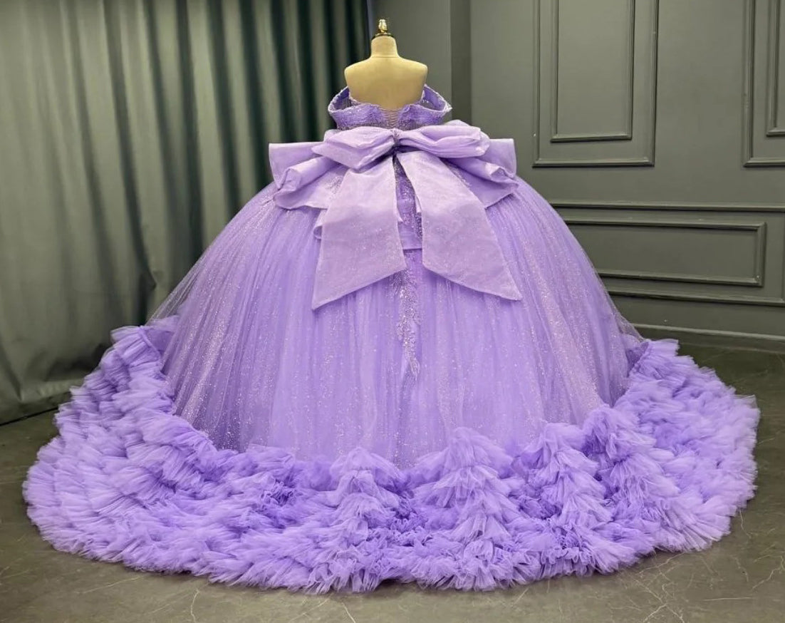 Glittery Tulle Lilac Quinceanera Dresses Appliqued Ruffled Sweet 16 Birthday Gowns HE1363