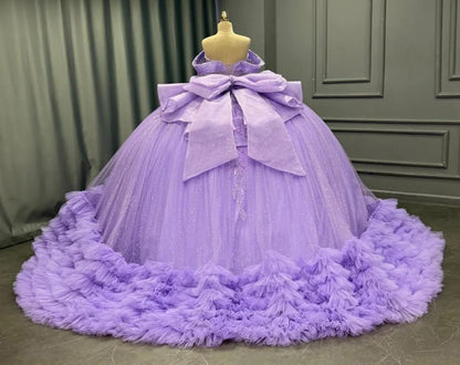 Glittery Tulle Lilac Quinceanera Dresses Appliqued Ruffled Sweet 16 Birthday Gowns HE1363