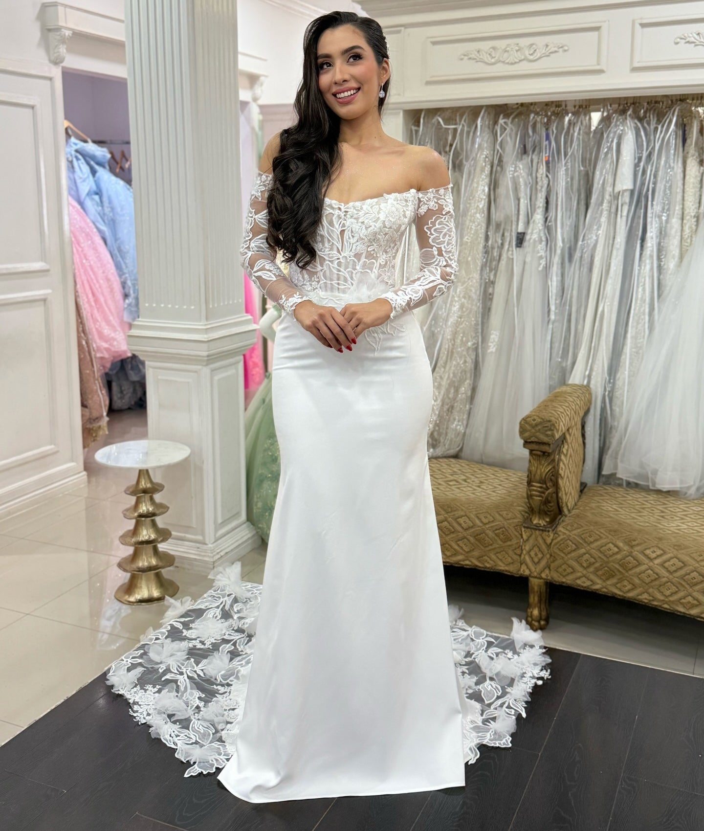 Mermaid Off Shoulder Satin Wedding Dresses Lace Long Sleeves Bridal Wedding Gowns HE1381