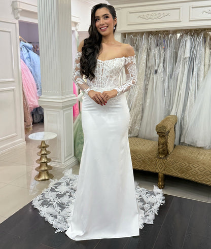 Mermaid Off Shoulder Satin Wedding Dresses Lace Long Sleeves Bridal Wedding Gowns HE1381