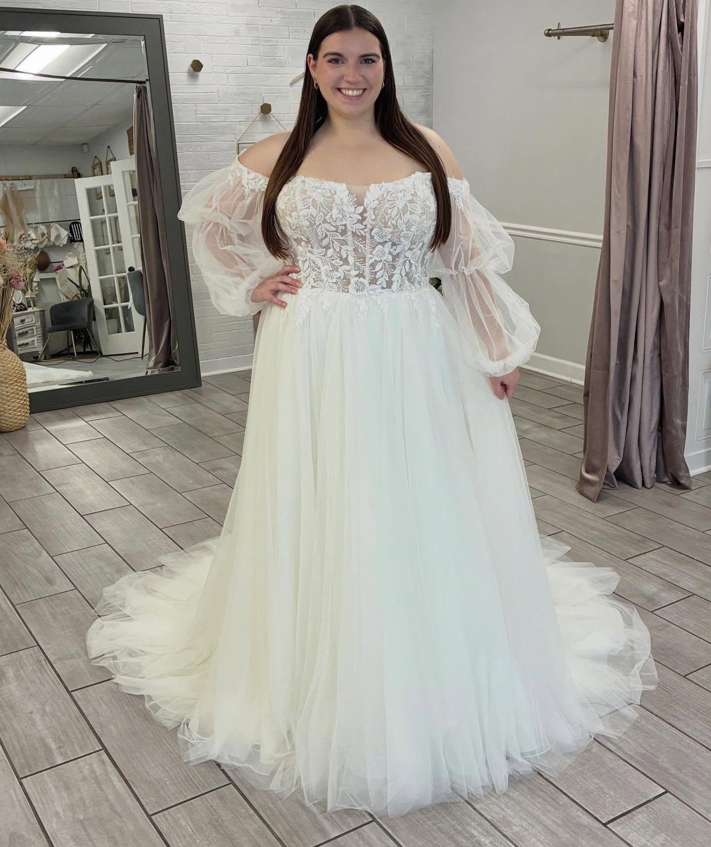 A Line Plus Size Tulle Lace Boho Wedding Dresses Long Sleeves Bridal W   Hebebridal