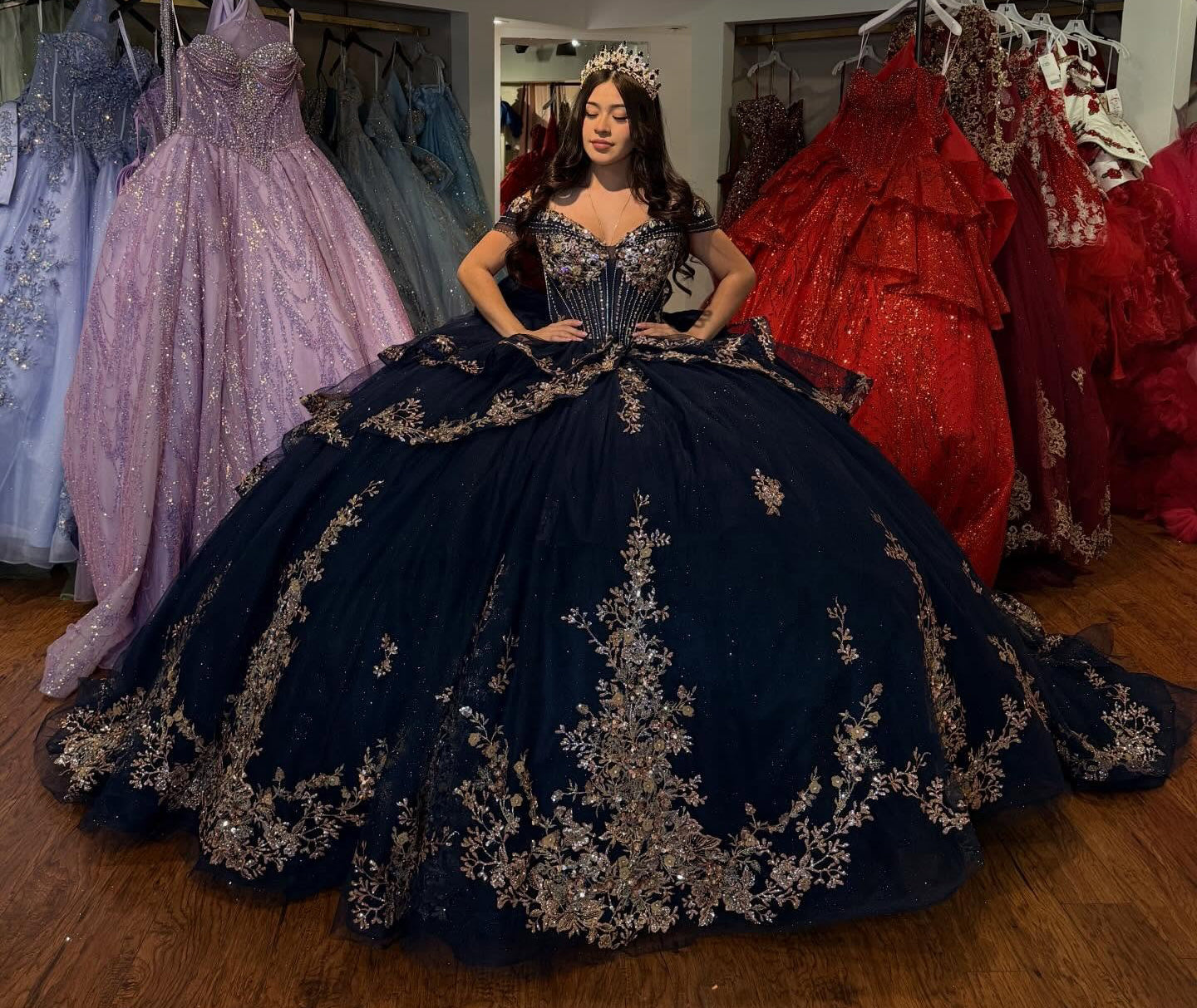 Princess Tulle Lace Beaded Quinceanera Dresses Off Shoulder Party Gown for Sweet 16 HE1406