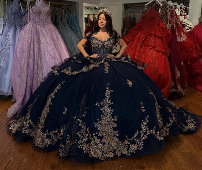 Princess Tulle Lace Beaded Quinceanera Dresses Off Shoulder Party Gown for Sweet 16 HE1406
