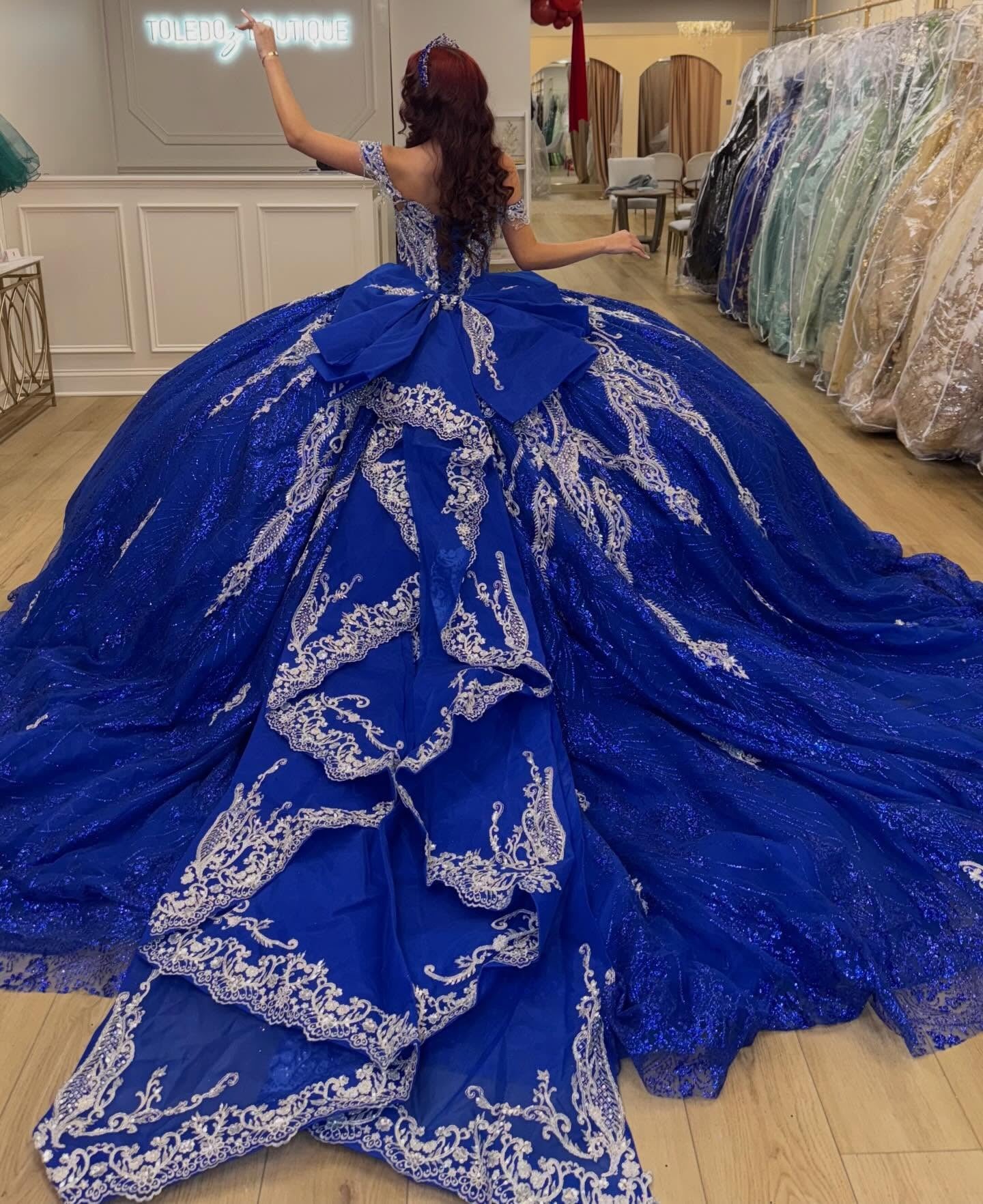 Tulle Appliqued Beaded Blue Quinceanera Dresses Off Shoulder Sweet 15 Party Gowns HE1287