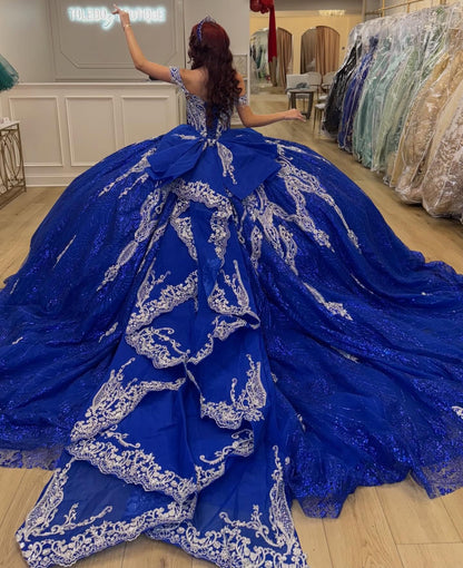 Tulle Appliqued Beaded Blue Quinceanera Dresses Off Shoulder Sweet 15 Party Gowns HE1287