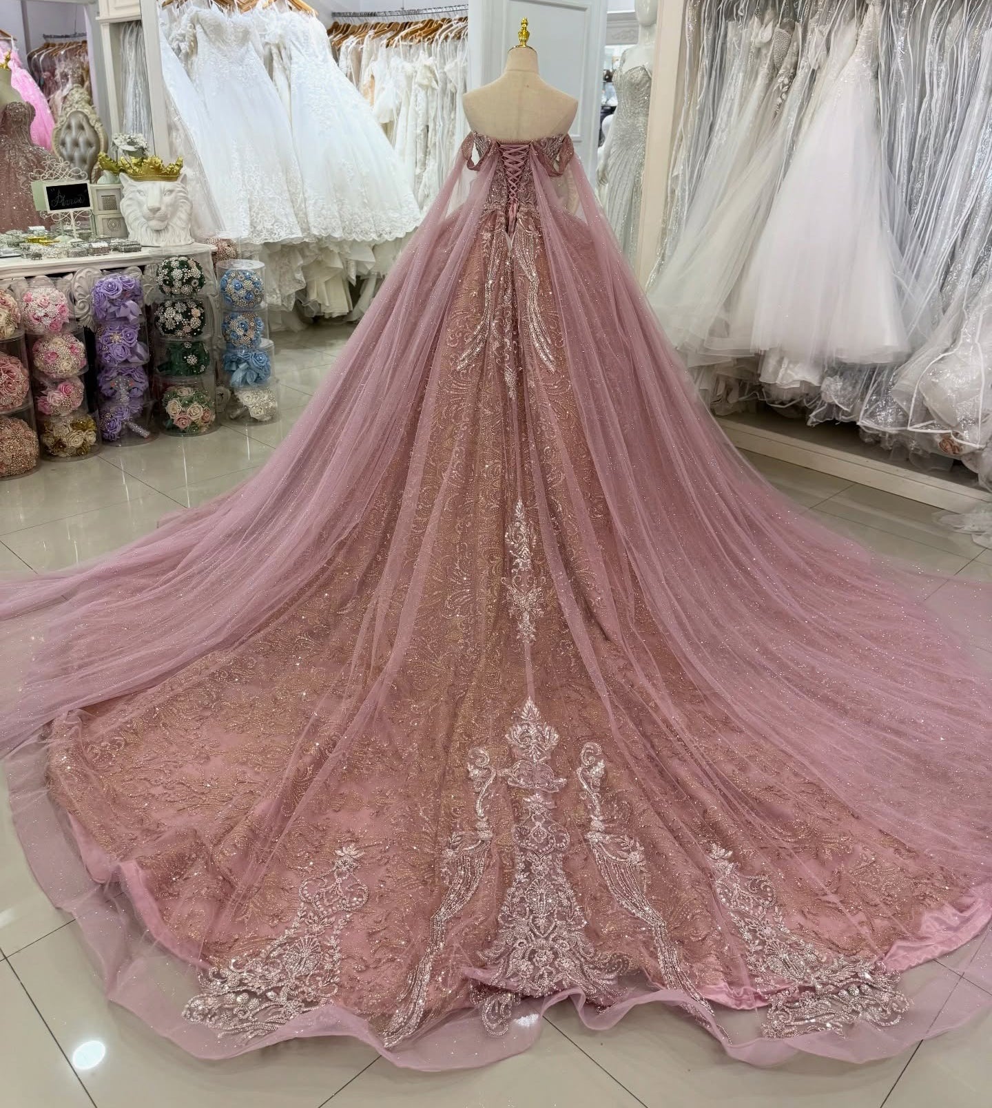 Luxury Lace Crystal Beaded Pink Quinceanera Dresses Off Shoulder Party Dress HE1265