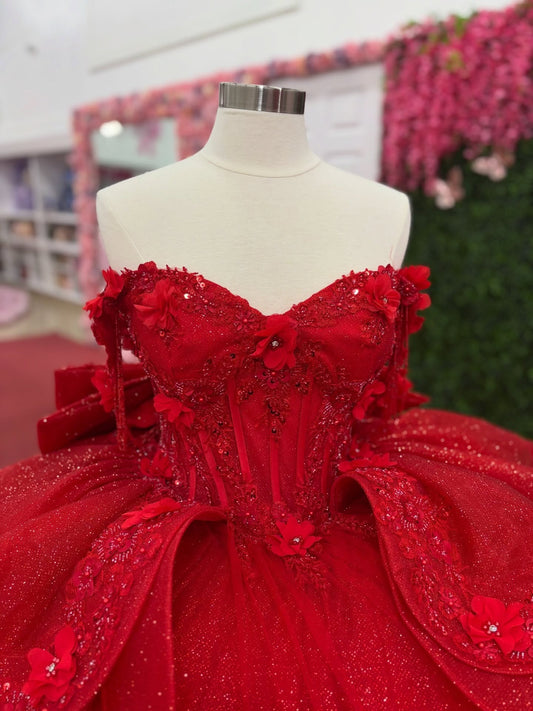 Ball Gown Tulle Lace Beaded Red Quinceanera Dresses Off Shoulder Sweet 15 Party Gown HE1280
