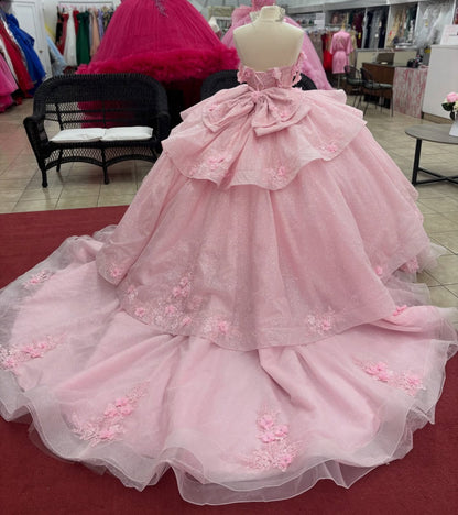 Off Shoulder Lace Appliqued Pink Quinceanera Dresses Corset Ruffled Sweet 15 Party Gown HE1279