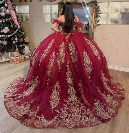 Off Shoulder Lace Appliqued Red Quinceanera Dresses Sweet 16 Party Gowns for Juniors HE1264
