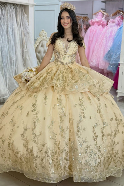 Luxury Tulle Lace Beaded Quinceanera Dresses Ball Gown Gold Sweet 15 Party Dress HE1282