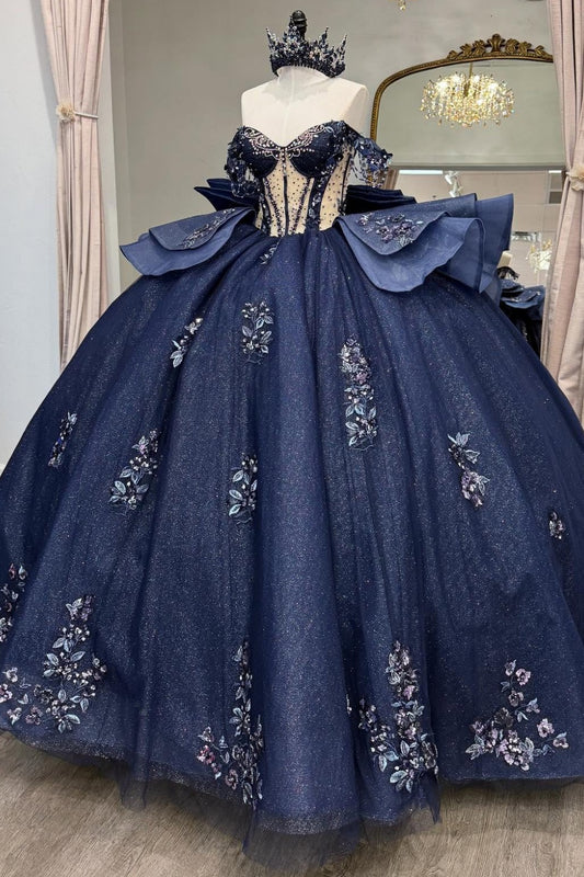 Glittery Tulle Appliqued Quinceanera Dresses Ball Gown Sweet 16 Party Gowns HE1293