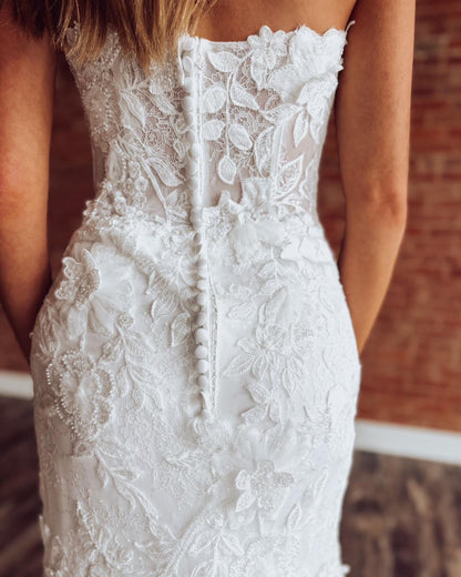 Strapless Mermaid Tulle Bridal Wedding Dresses Lace Appliqued Bride Wedding Gowns HE1337