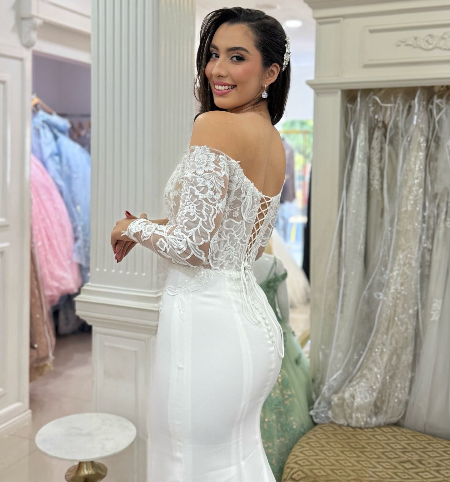 Mermaid Off Shoulder Satin Wedding Dresses Lace Long Sleeves Bridal Wedding Gowns HE1381