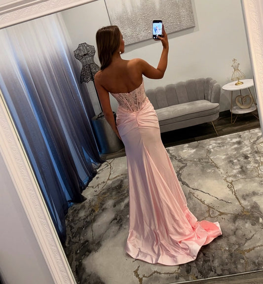 Satin Meerjungfrau Spitze Perlen V-Ausschnitt Schlitz Ballkleider lang für Frauen HE868