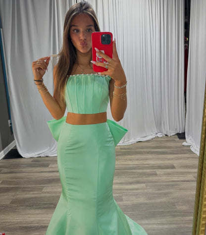 Mermaid Satin Two Pieces Prom Dresses Long Crystal Beaded Evening Gowns for Women HE1379