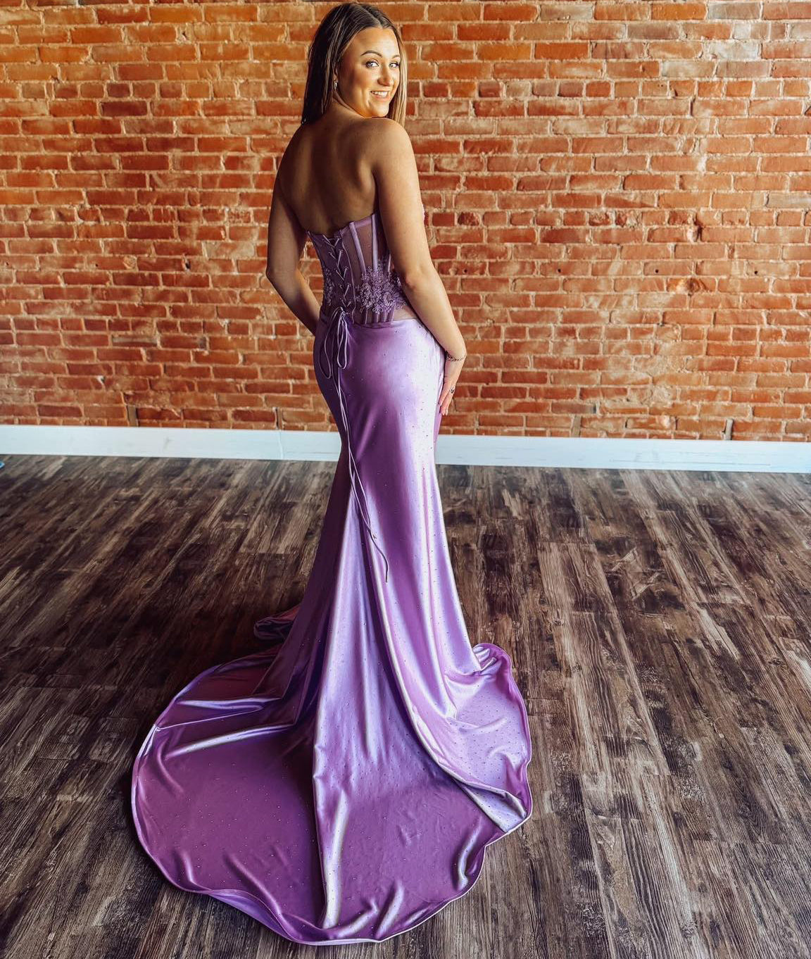 Satin Lace Corset Mermaid Strapless Long Prom Dresses for Women HE1476