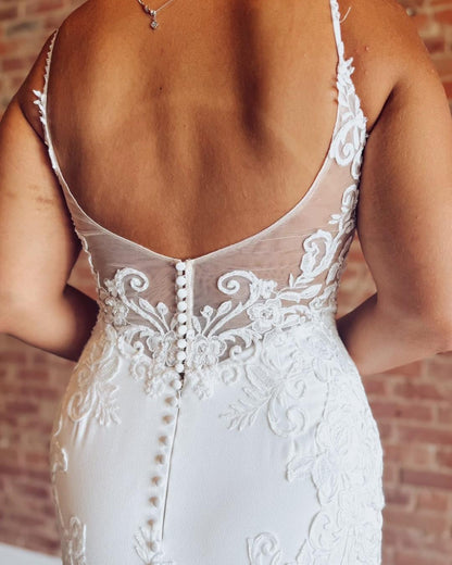Women's Satin Lace Appliqued Wedding Dresses for Bride V Neck Wedding Gowns HE1424