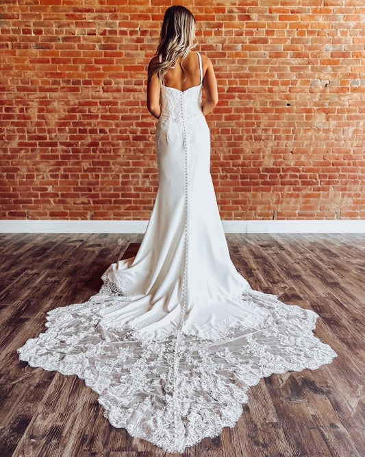 Mermaid Satin Lace Appliqued Wedding Gowns Corset Beach Wedding Dress for Bride HE1425