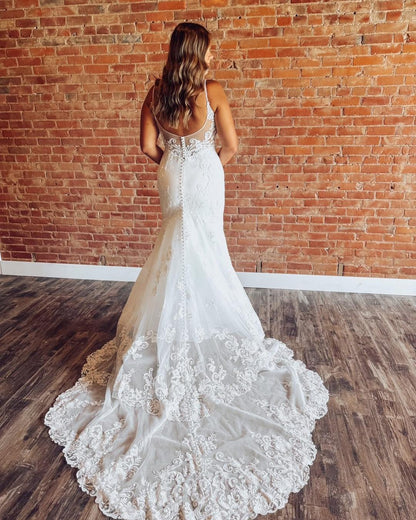 Women's Satin Lace Appliqued Wedding Dresses for Bride V Neck Wedding Gowns HE1424