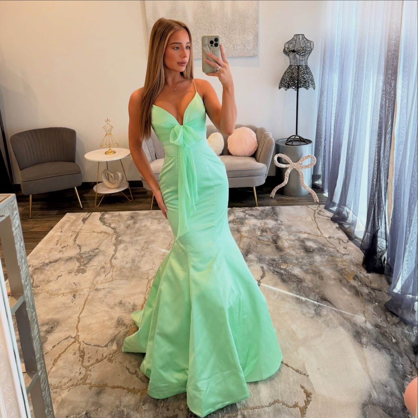 Satin V Neck Mermaid Long Prom Dresses Pleated Spaghetti Straps Evening Gowns HE1371