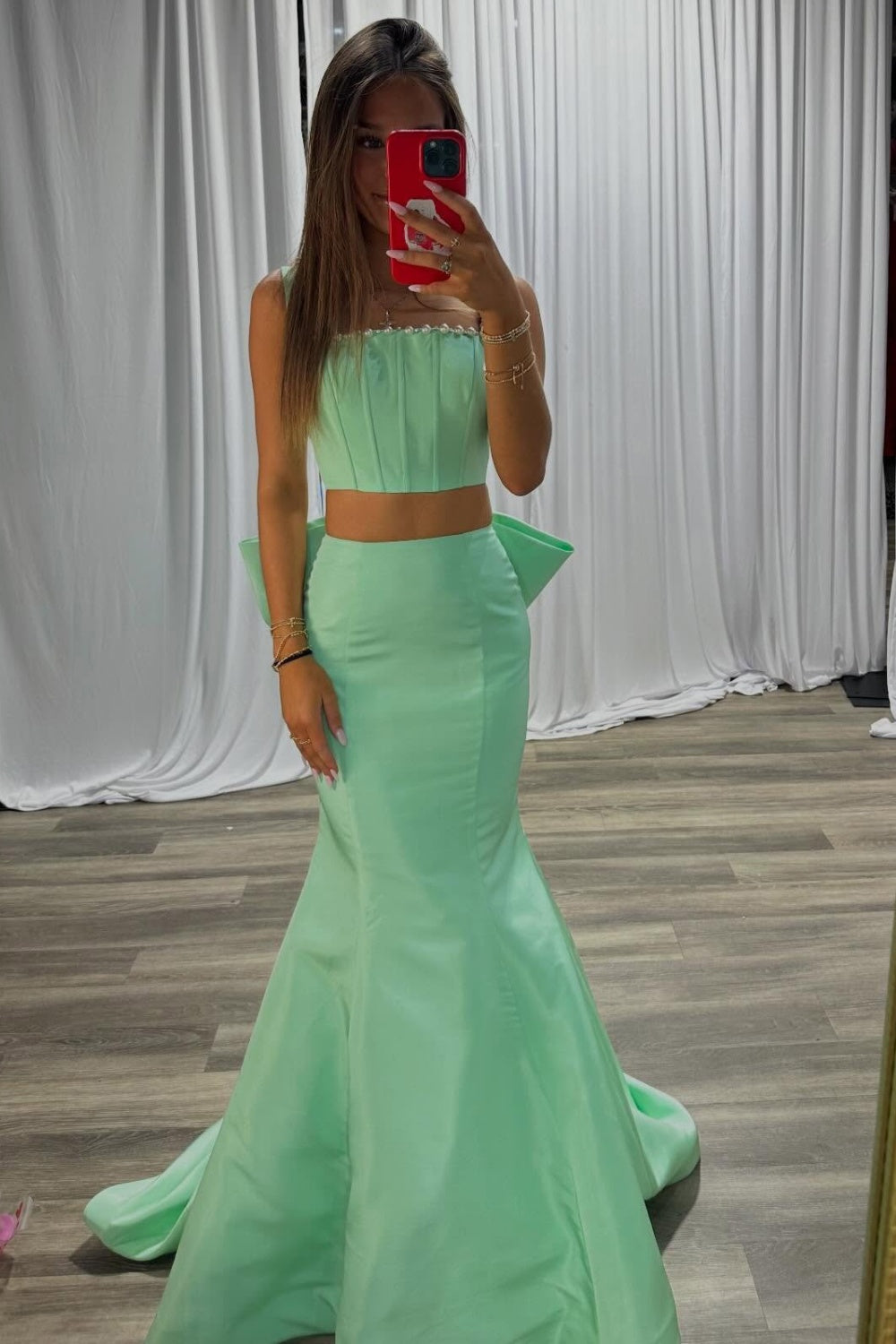 Mermaid Satin Two Pieces Prom Dresses Long Crystal Beaded Evening Gowns for Women HE1379