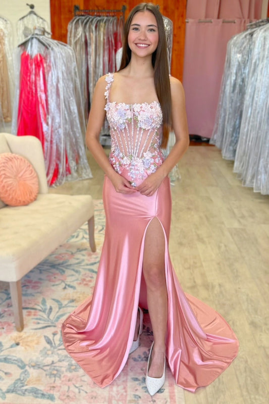 Mermaid Satin 3d Flower Appliqued Corset Long Prom Dresses for Women HE1469