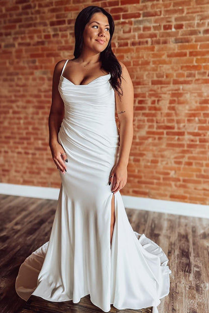 Mermaid Satin Pleated Wedding Dresses for Bride Spaghetti Straps Wedding Gowns HE1234