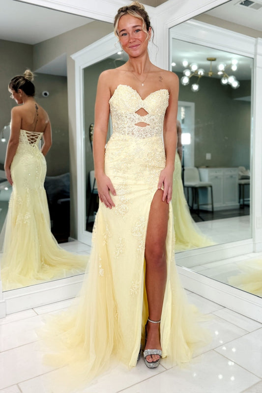 Satin Meerjungfrau Spitze Perlen V-Ausschnitt Schlitz Ballkleider lang für Frauen HE868