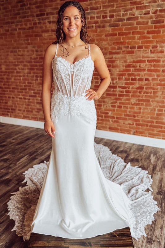 Mermaid Satin Lace Appliqued Wedding Dresses Boho Corset Bride Wedding Gowns HE1340
