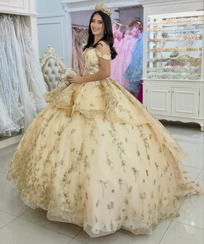 Luxury Tulle Lace Beaded Quinceanera Dresses Ball Gown Gold Sweet 15 Party Dress HE1282