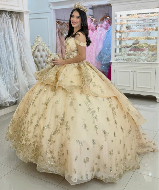 Luxury Tulle Lace Beaded Quinceanera Dresses Ball Gown Gold Sweet 15 Party Dress HE1282