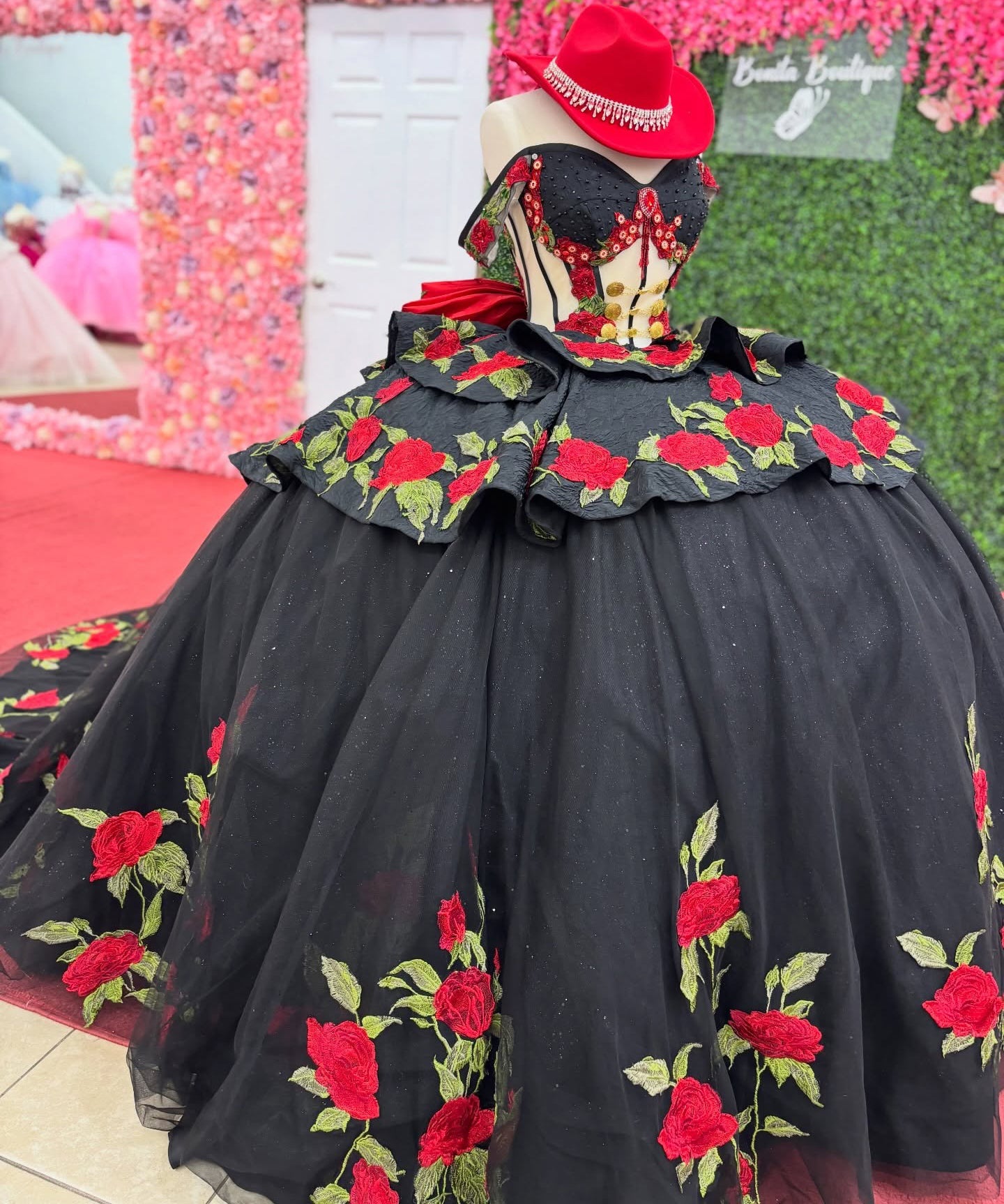 Off Shoulder Glittery Tulle Black Quinceanera Dresses Flowered Sweet 16 Party Gown HE1392