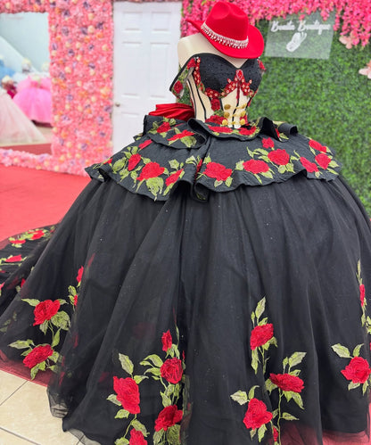 Off Shoulder Glittery Tulle Black Quinceanera Dresses Flowered Sweet 16 Party Gown HE1392