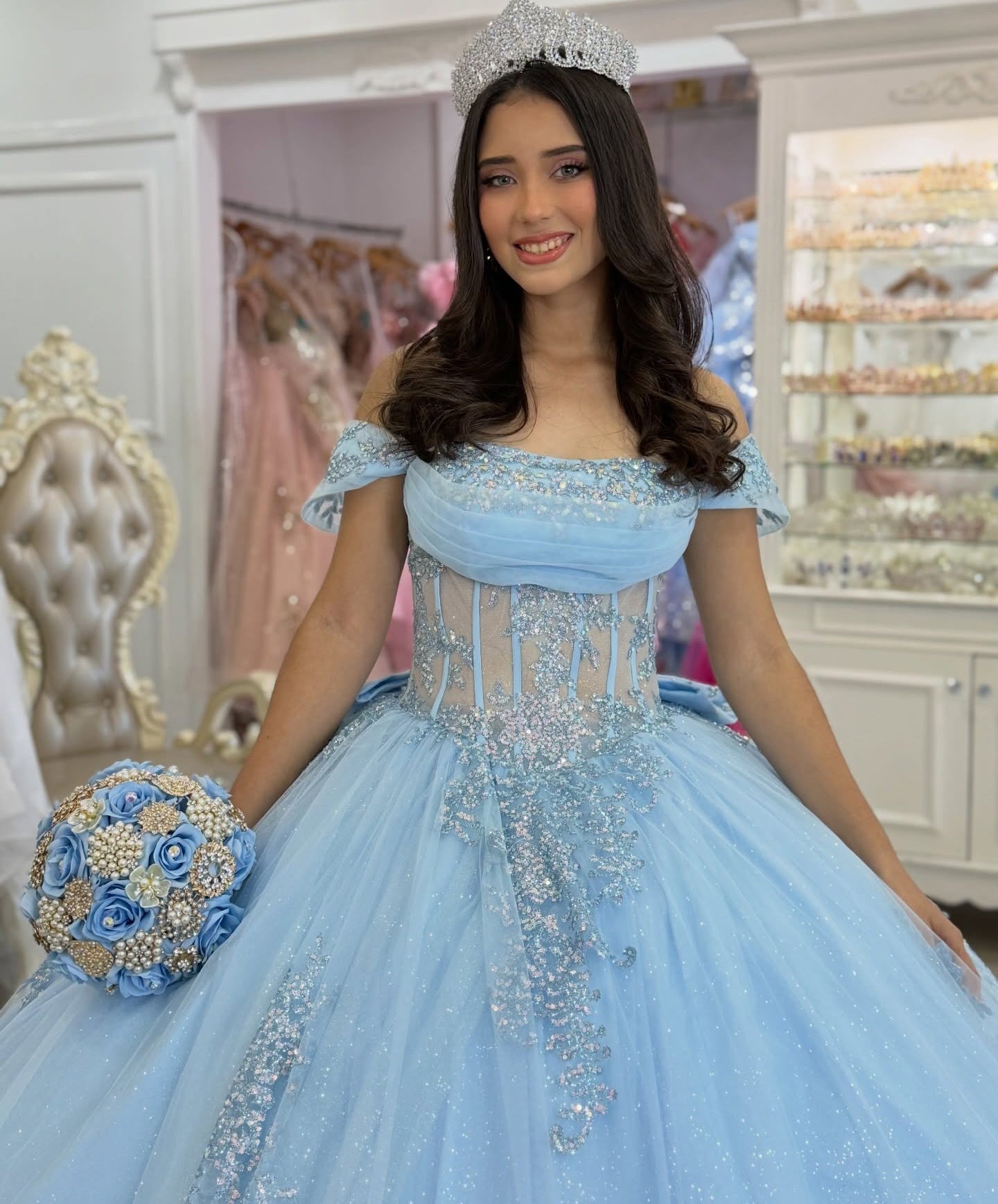 Off Shoulder Tulle Appliqued Blue Quinceanera Dresses Princess Party Gown for Sweet 15 HE1283