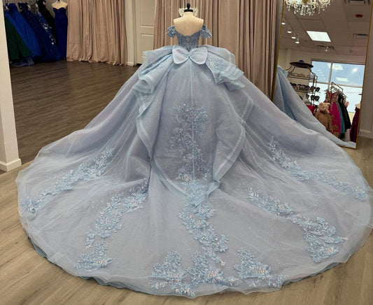 Glittery Tulle Lace Blue Quinceanera Dresses Off Shoulder Sweet 15 Birthday Photoshoot Gown HE1303