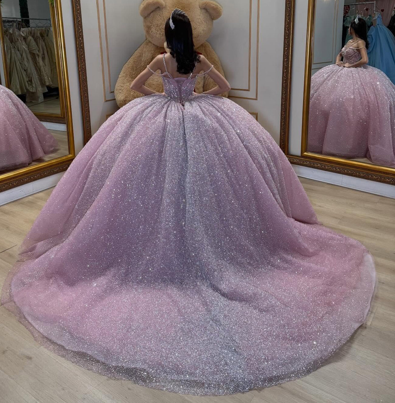 Glittery Tulle Crystal Beaded Pink Quinceanera Dresses Ball Gown Sweet 15 Party Dress HE1357